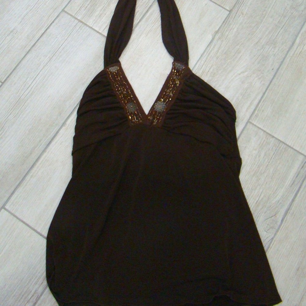 First Kiss Brown Beaded Tie Up Halter Top Size Small